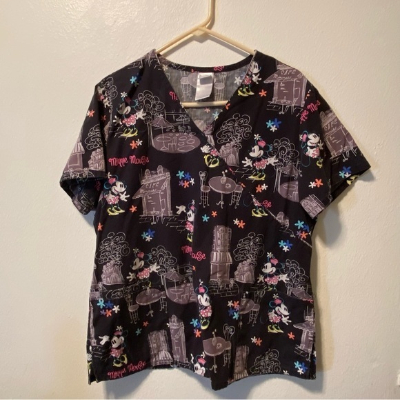 Disney Scrub Top Women’s Size Large Minnie Mouse Black Pull Over Medical - Picture 1 of 11